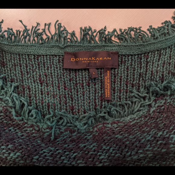 DONNA KARAN Sweater Crew Neck Long Sleeves Fringe Leather Trim NEW L - Picture 5 of 8